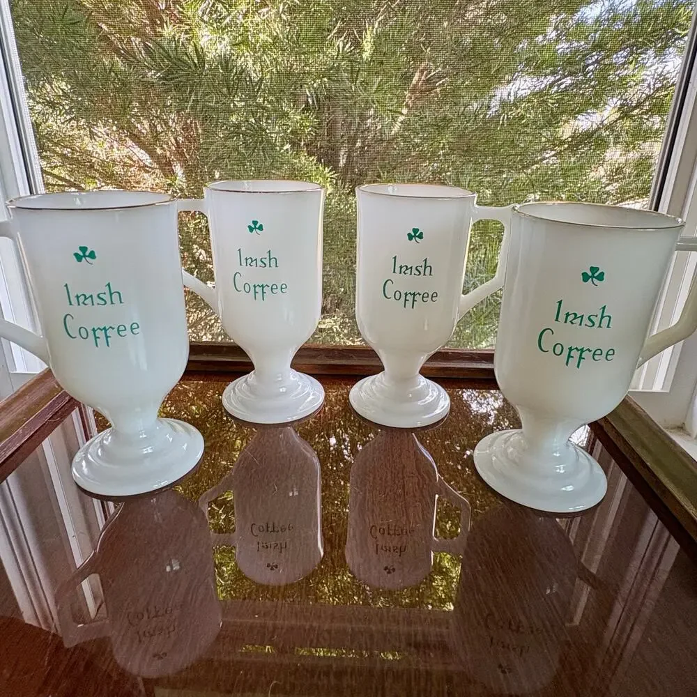 Vintage Irish Coffee Milk Glass Mugs Set of 4 Gold Rim, St. Patrick's Day